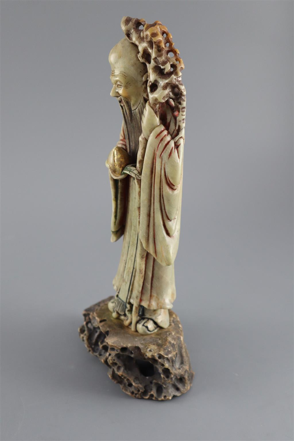 A Chinese soapstone figure of Shou Lao, 18th century, 28.5cm high